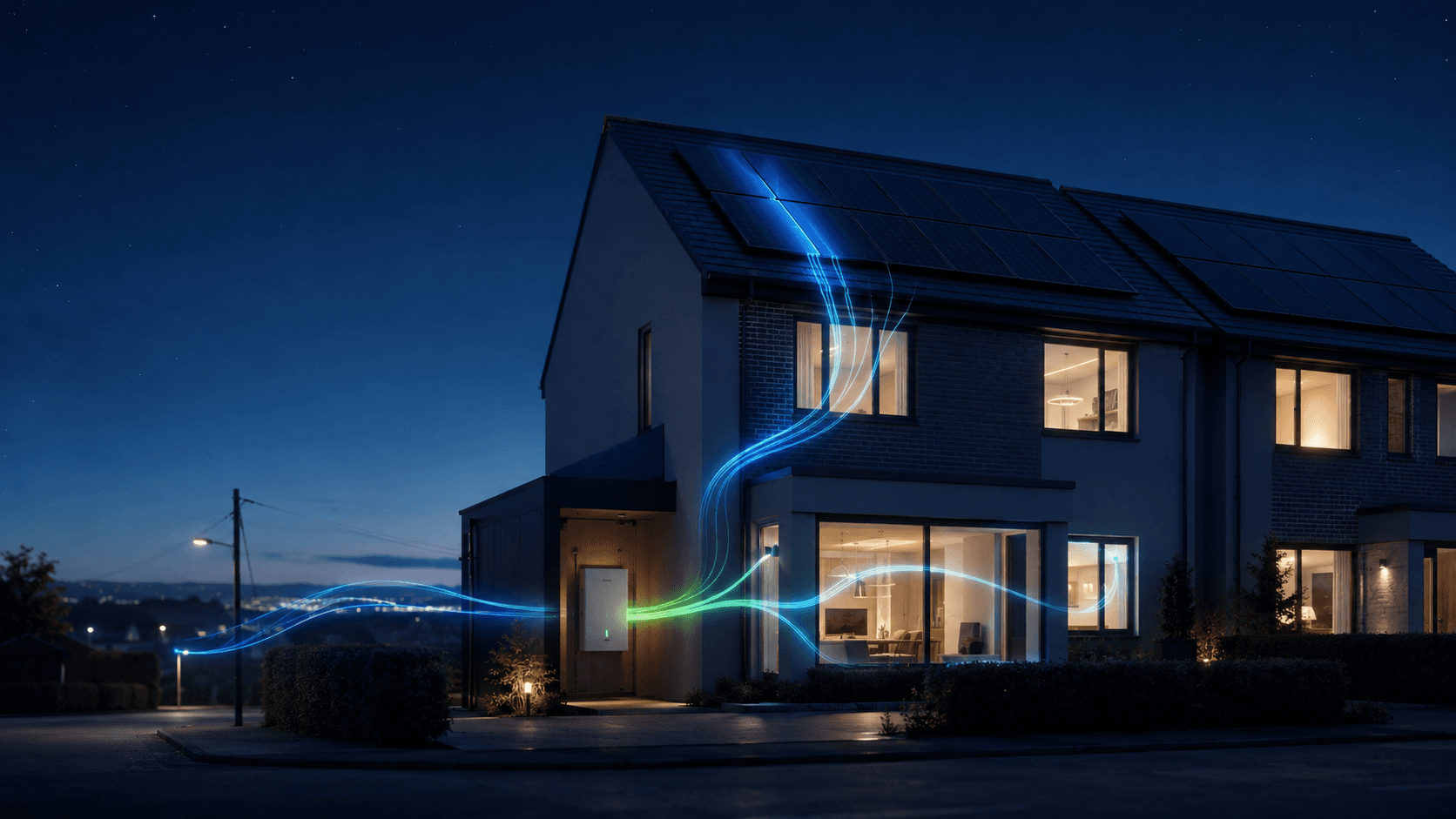 A modern UK home at blue hour with luminous electric-blue and cyan energy flow lines tracing solar capture and battery storage around the building